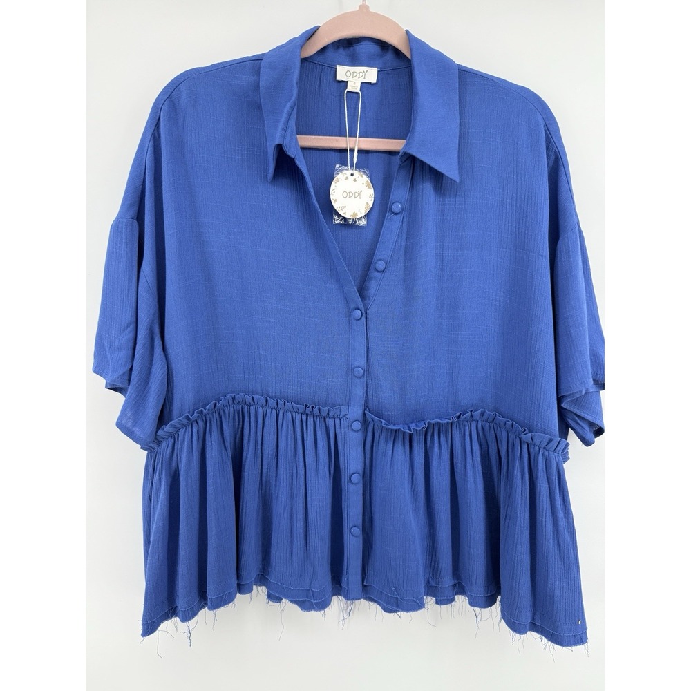 Oddy Blouse Top Shirt Womens Small Blue Peplum Babydoll Ruffle V Neck